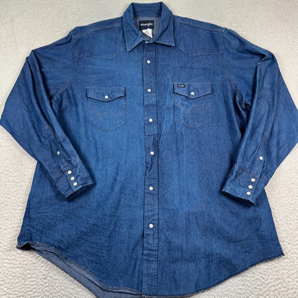 Wrangler Denim Pearl Snap Shirt Mens 19x37 (2XL) Long Sleeve Button Up Work Flaw
